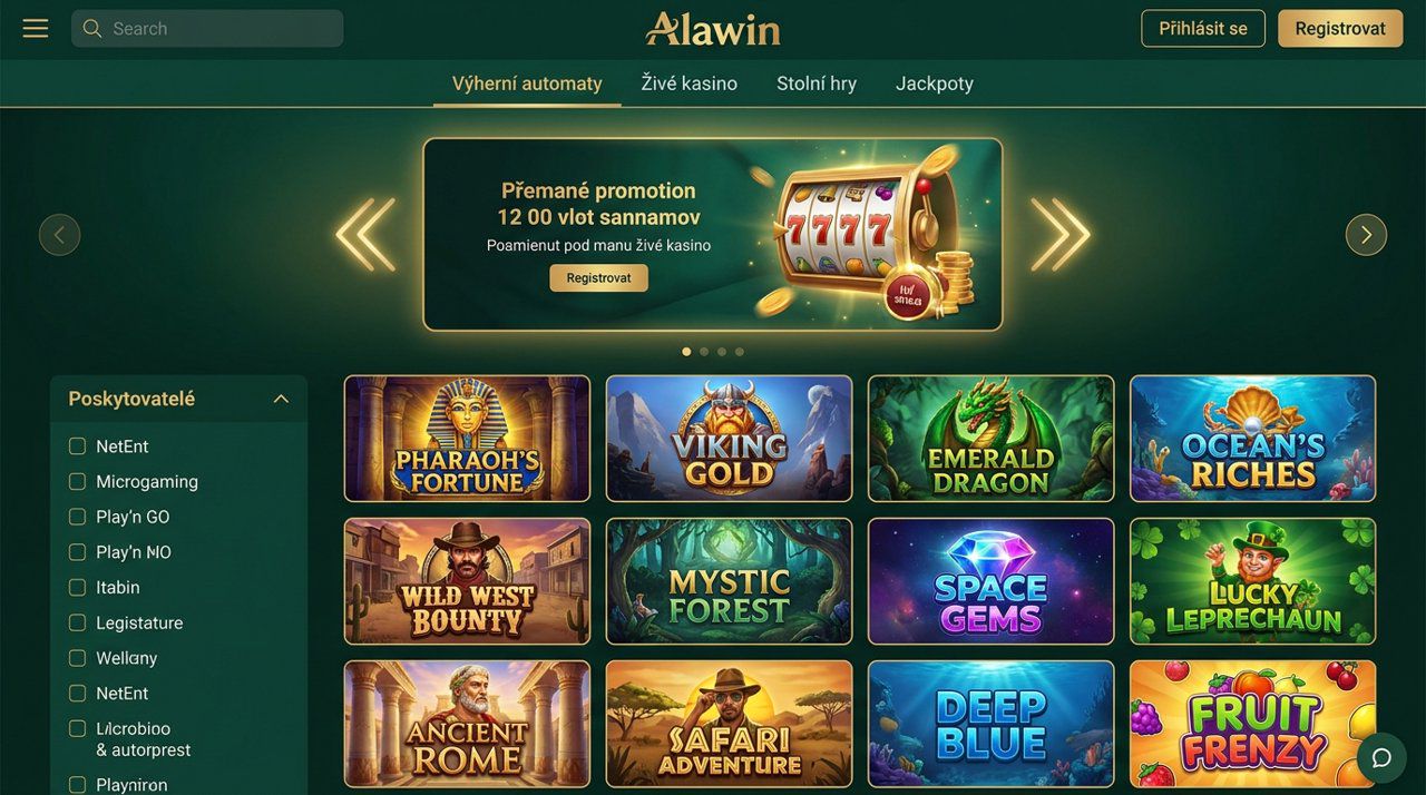 Úvodní stránka online casina Alawin s nabídkou automatů, živého kasina a stolních her