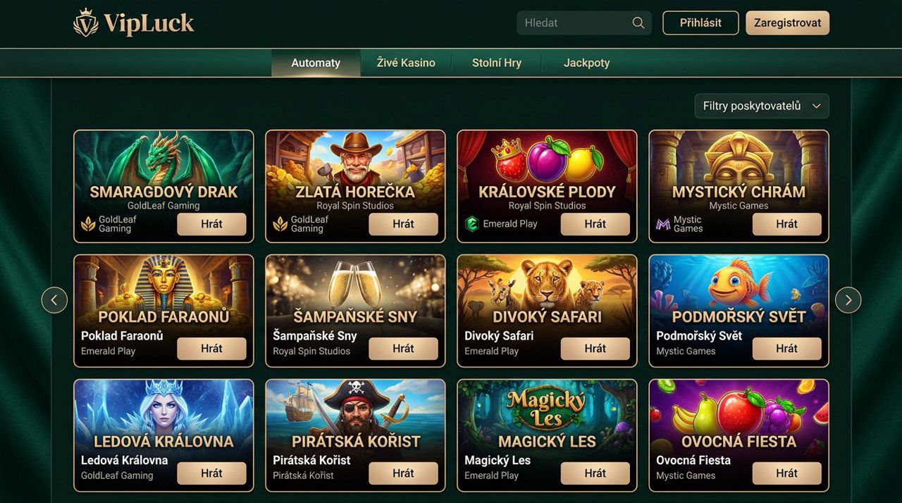 Úvodní stránka online casina VIPLuck s nabídkou automatů, živého casina a jackpotů