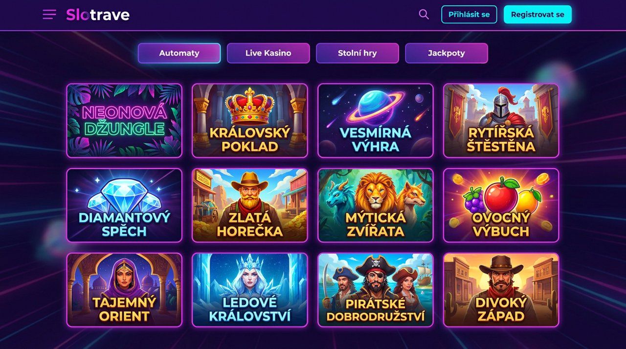 Úvodní stránka online casina Slotrave s nabídkou automatů a živého kasina