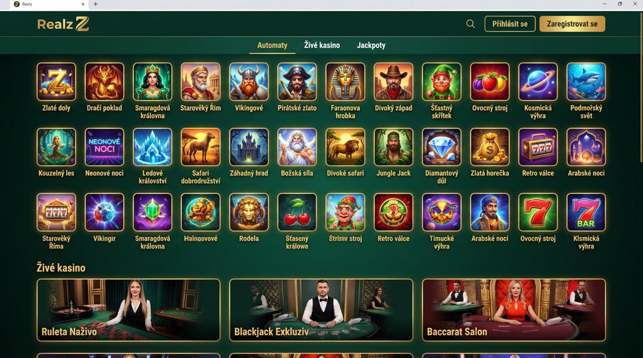 Úvodní stránka online casina Realz s nabídkou automatů a živého kasina