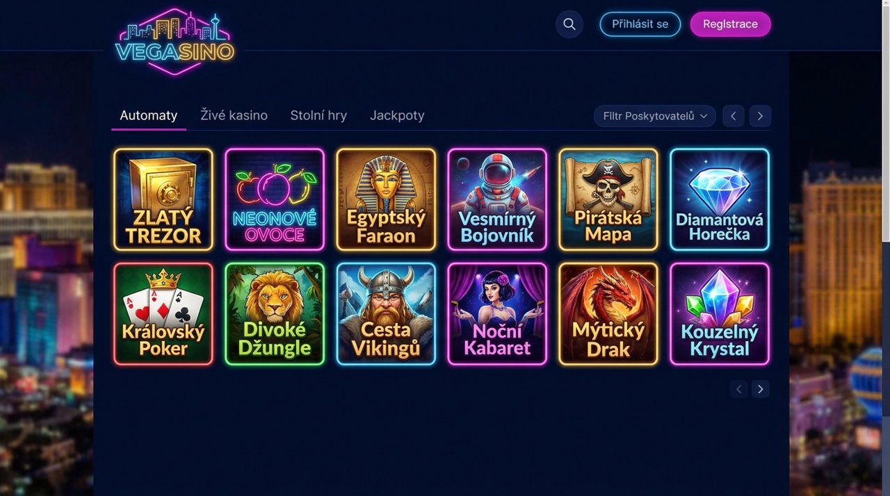 Úvodní stránka online casina Vegasino s nabídkou automatů, živého casina a stolních her
