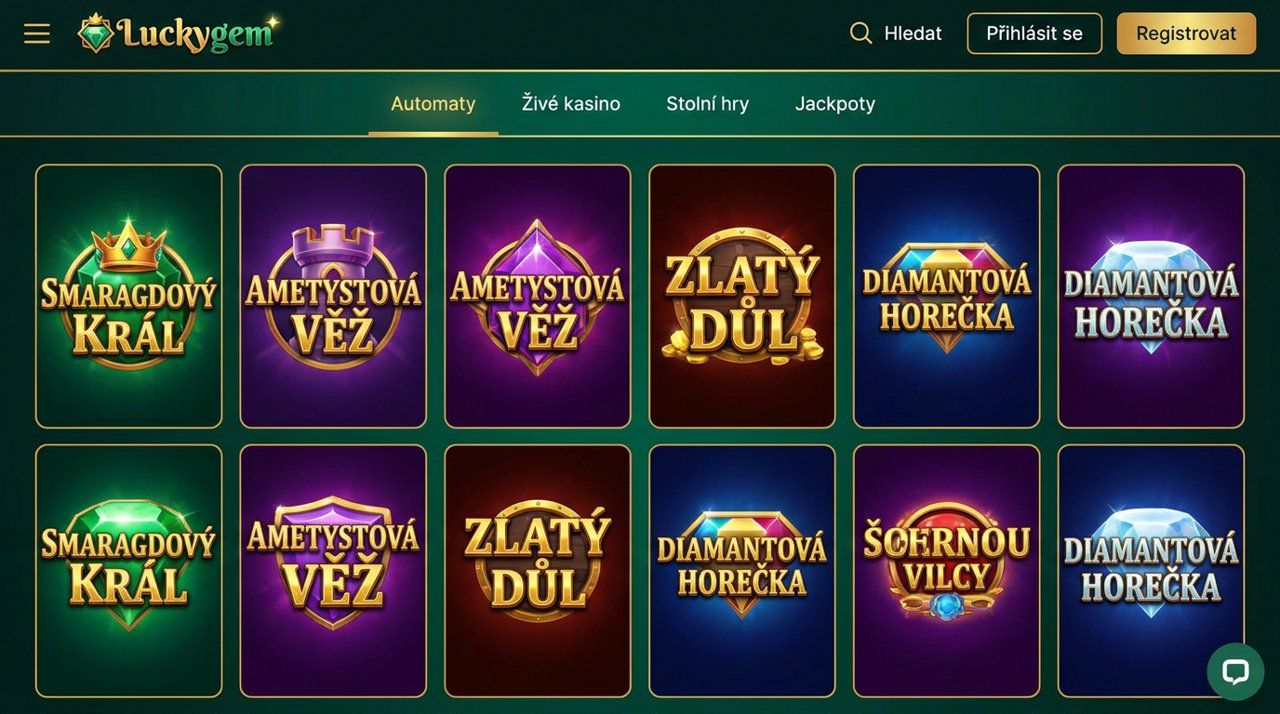Úvodní stránka online casina Luckygem s kategoriemi her a nabídkou automatů