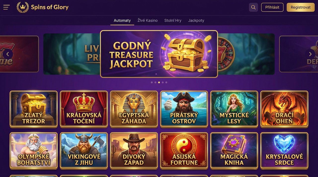 Úvodní stránka online casina Spins of Glory s nabídkou automatů a živého casina